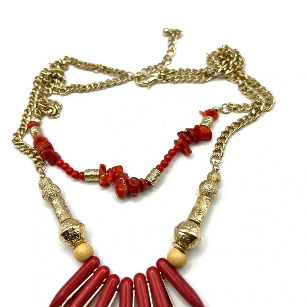 Fire Beads with Tribal Flare Layered Chain Necklace Red stone and long Gold bead